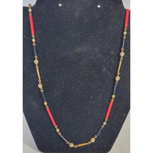 Red, Black and Goldtone Stick Bead Extra Long Chain Necklace, 94 inches